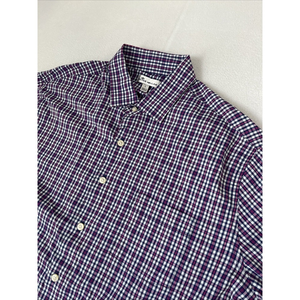 Peter Millar Ramsey Performance L Gingham Plaid Check Shirt Purple Button Up